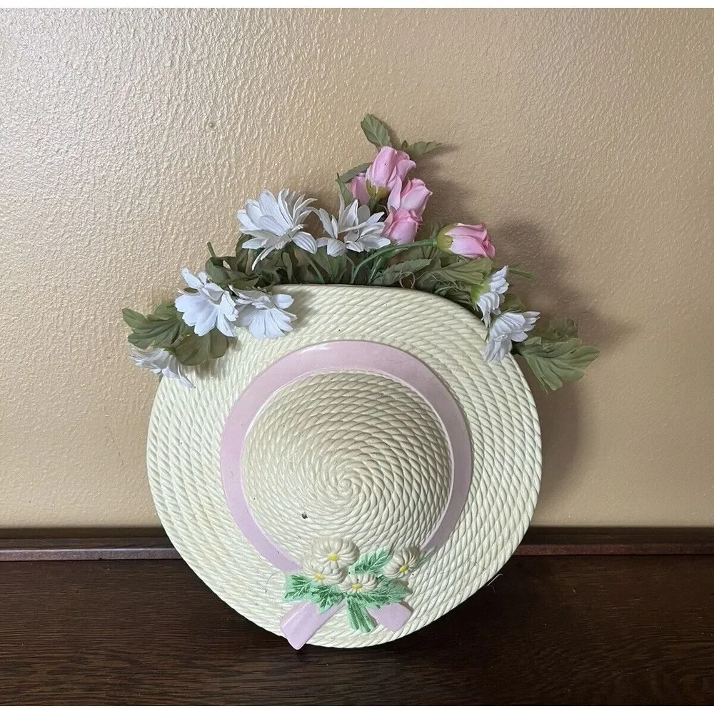 Vintage Burwood Floral Hat Wall Pocket Pink Cream Cottage Decor 1985